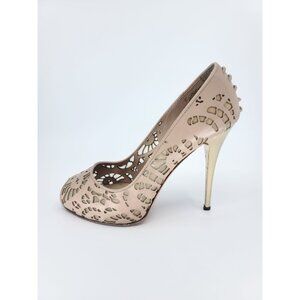 Giuseppe Zanotti Nude Lace Cutout Gold Heels Open Toe Pump Size 39